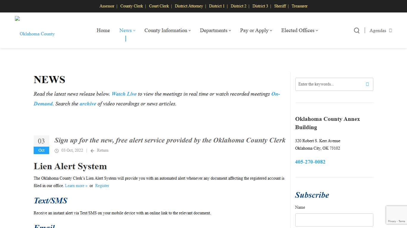 Sign up for the new, free alert service provided by the Oklahoma County Clerk - News & Alerts